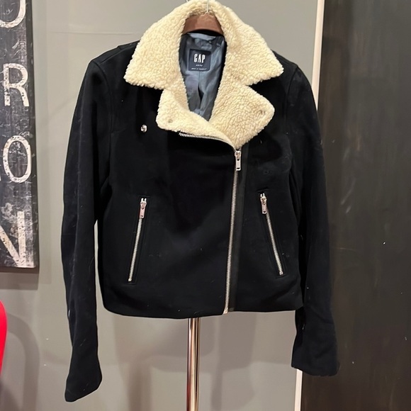 🍁🐠Gap Wool Blend Motorcycle Moto Jacket Faux Sherpa Trim Navy Blue XS - Picture 2 of 11